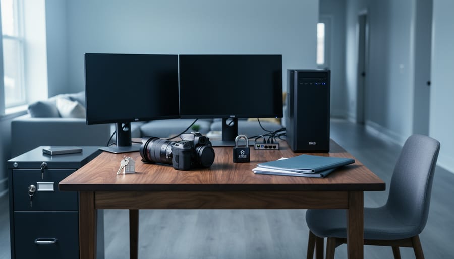 Eye-level photo of a home office with dual monitors, desktop tower, networking gear, DSLR camera, house key and lockbox on the desk, a locked file cabinet, and a client chair, with a softly blurred living room in the background.