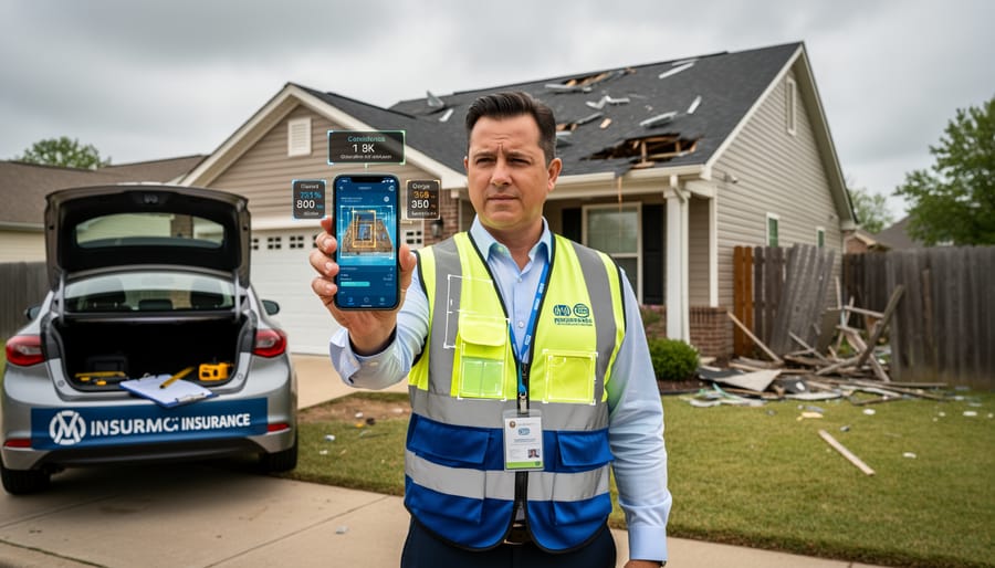 Insurance adjuster using smartphone to photograph damaged roof shingles for AI analysis
