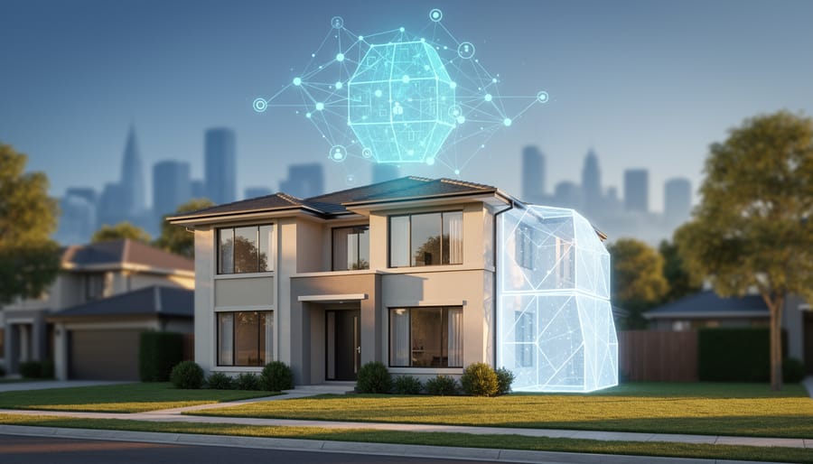 Eye-level photo of a suburban house with a glowing spherical node and light-trail connections to a floating blockchain-like grid, warm side lighting, trees and distant skyline softly blurred behind.