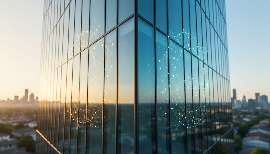 Low-angle photo of a modern glass building facade with a faint luminous chain pattern reflecting on its windows, symbolizing blockchain-based property title registries, with a blurred city skyline and suburban rooftops in the background at golden hour.