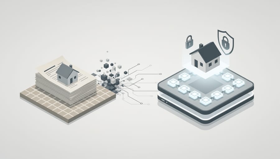 Modern glass building facade representing the merger of traditional property systems with blockchain technology