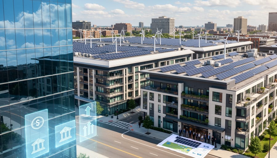 Multi-family apartment building with large-scale solar panel installation on rooftop