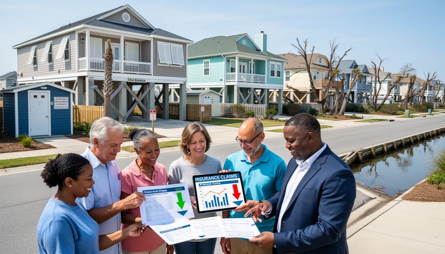 Insurance professional and homeowner discussing hurricane protection and insurance coverage at home