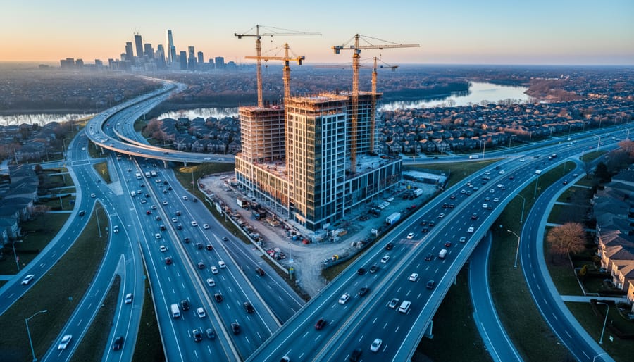 Drone-view of two urban highways meeting at an active real estate construction site with cranes and a rising mixed-use tower at golden hour, with a city skyline and river in the distance.
