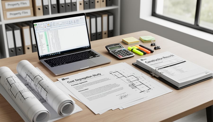 Professional reviewing property documents and blueprints for cost segregation analysis