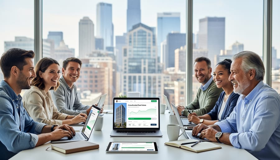 Group of diverse investors viewing commercial real estate property with mobile devices