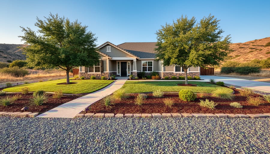 Suburban home with cleared defensible space zones showing rock mulch perimeter and managed vegetation