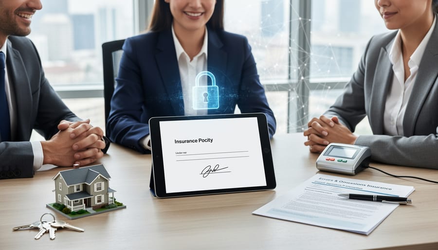 Business professionals shaking hands over digital contract on tablet during real estate transaction