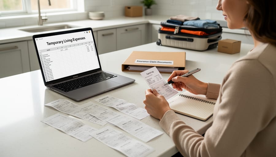 Overhead view of person organizing receipts and documentation for insurance claim