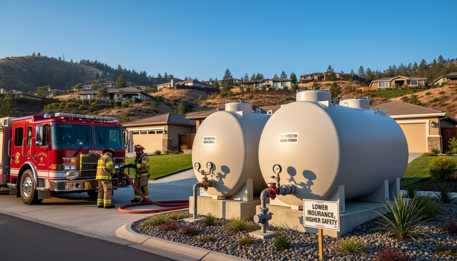 Emergency water storage tank installed near residential home for wildfire defense
