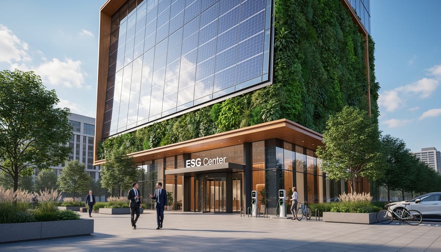 Modern sustainable commercial building with integrated solar panels and vertical gardens