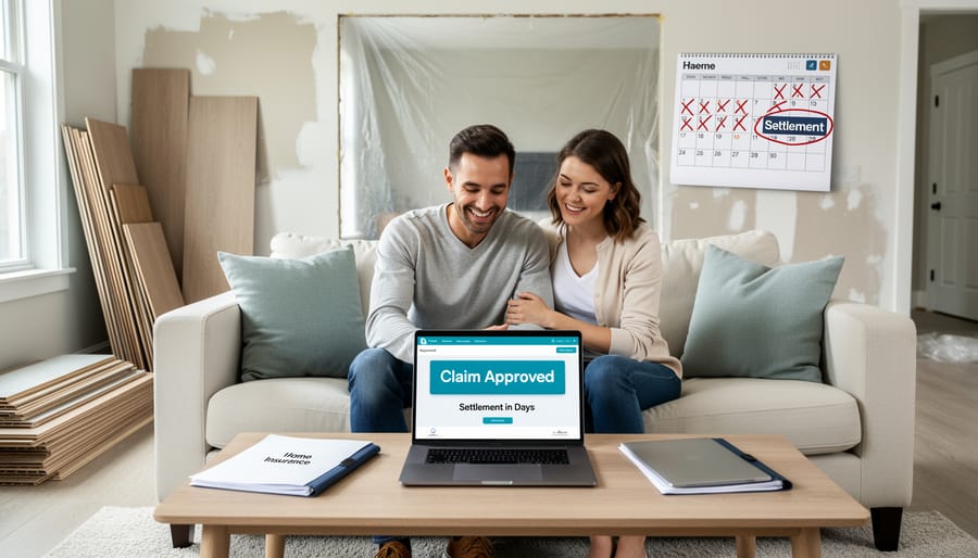 Happy homeowners reviewing approved insurance claim on laptop at home