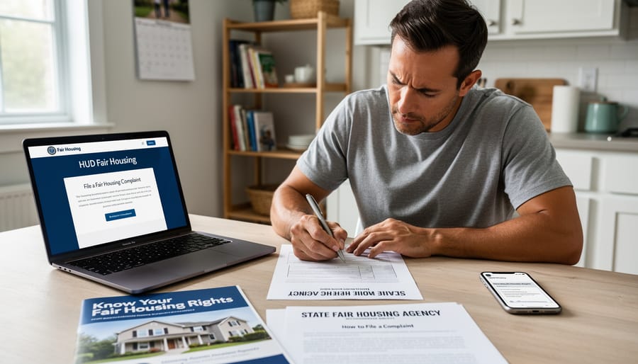 Woman reviewing housing discrimination documentation at home office desk with laptop and phone