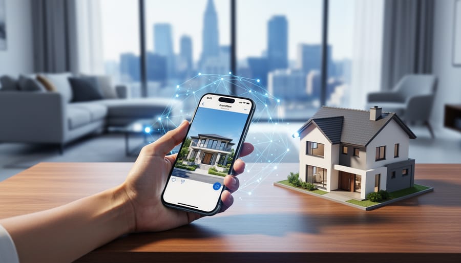 Close-up from above of a hand holding a smartphone next to a small house model on a desk, with soft daylight and subtle glowing network lines; a modern living room and distant city skyline are softly blurred in the background.