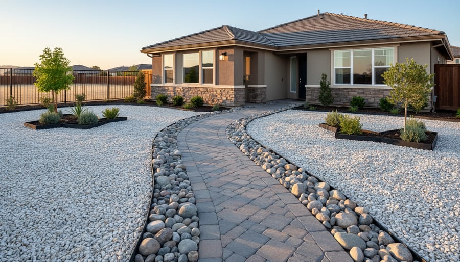 Modern home with gravel bed perimeter and stone pathways providing fire-resistant landscaping
