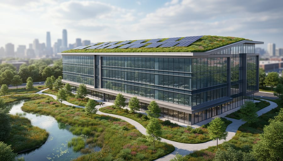 Modern mid-rise commercial building with rooftop solar panels, a vegetated green roof, and reflective glass facade, photographed at a slight angle with a landscaped rain garden in the foreground and a softly blurred city skyline in the background under gentle morning light.