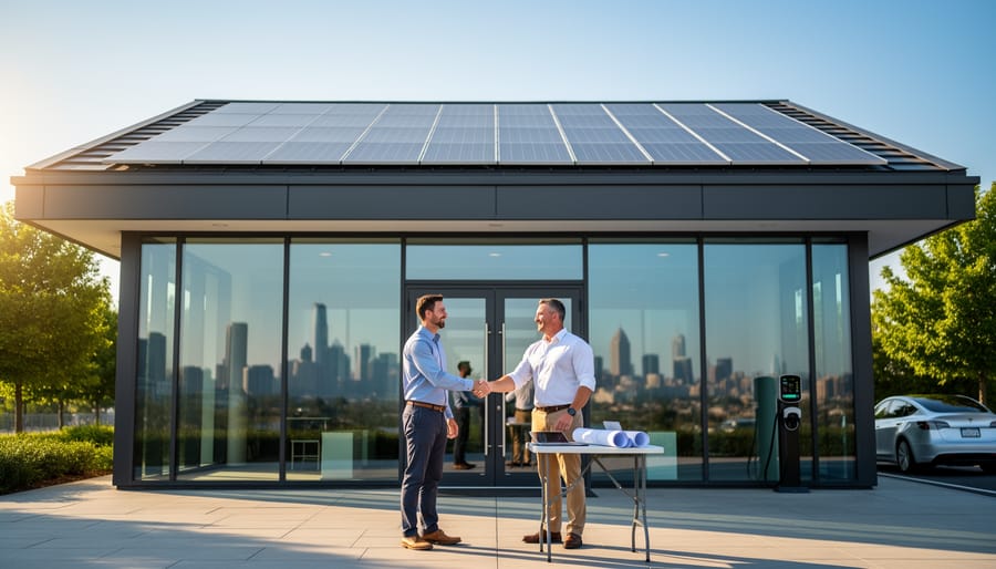Modern commercial building with rooftop solar panels at golden hour as a property owner and solar developer shake hands beside plans and a tablet, with a blurred city skyline, EV charger, and trees in the background