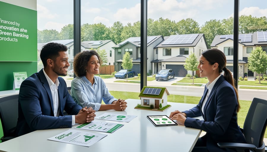 Business professionals discussing green mortgage financing options during consultation
