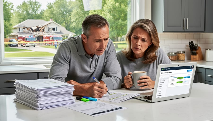 Damaged home undergoing repairs with construction workers and equipment