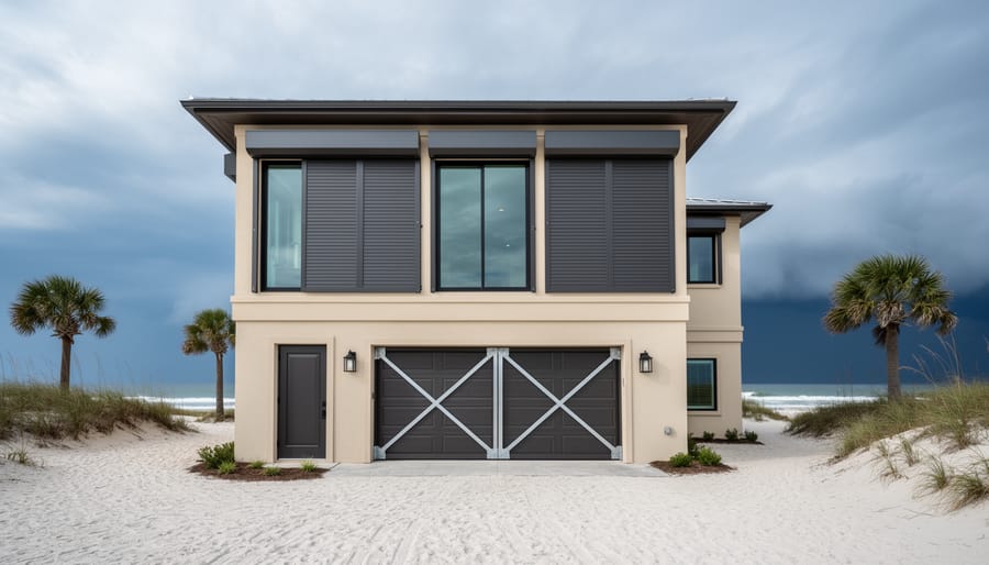 Modern coastal house with impact-resistant windows, closed storm shutters, and a reinforced garage door, photographed wide with dunes, palm trees, and approaching storm clouds over the ocean.