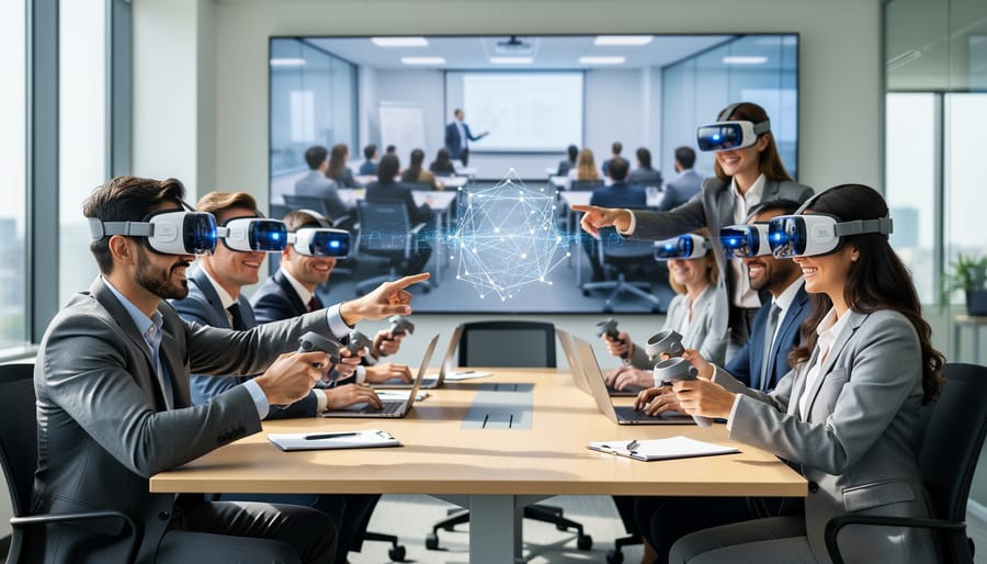 Insurance team members collaborating with VR training equipment during professional development session