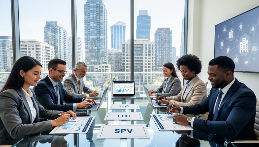 Business meeting with real estate investment documents and digital property information