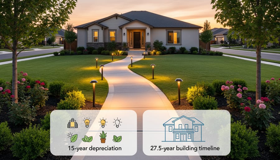 Property land improvements including paved walkways, landscape lighting, and gardens