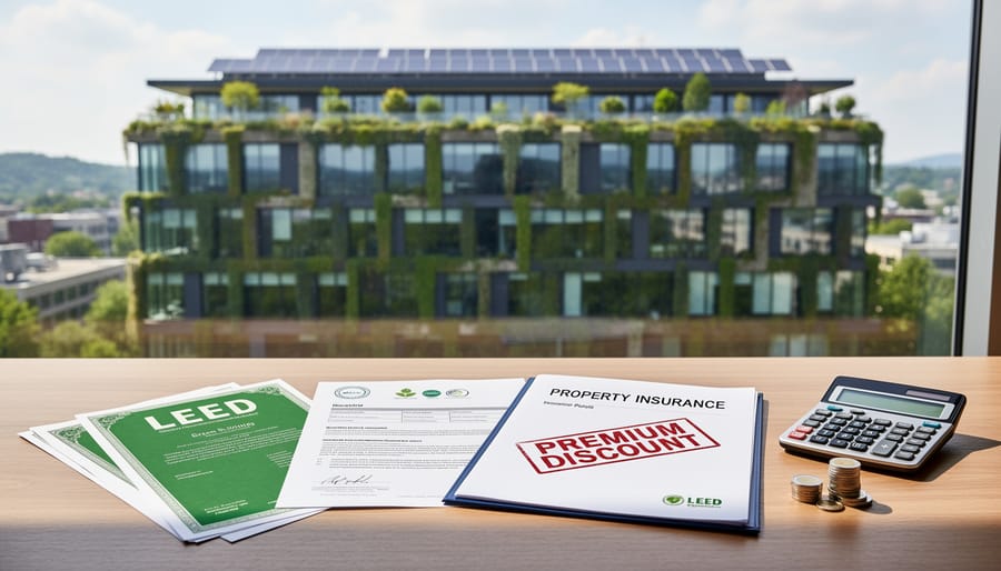 Modern green commercial building with solar panels and green roof under blue sky