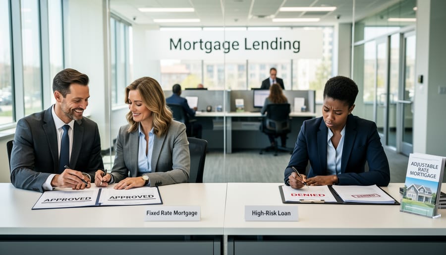 Close-up of person signing mortgage documents with house model and calculator on desk