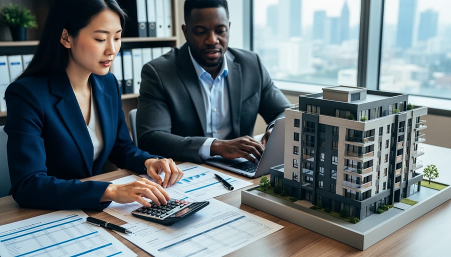 Close-up of two professionals’ hands reviewing financial materials next to a model apartment building on a conference table, softly lit with a blurred city skyline and shelves in the background.