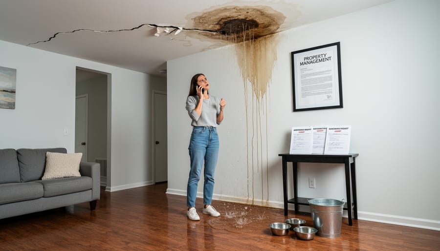 Water damaged ceiling and walls in rental property interior