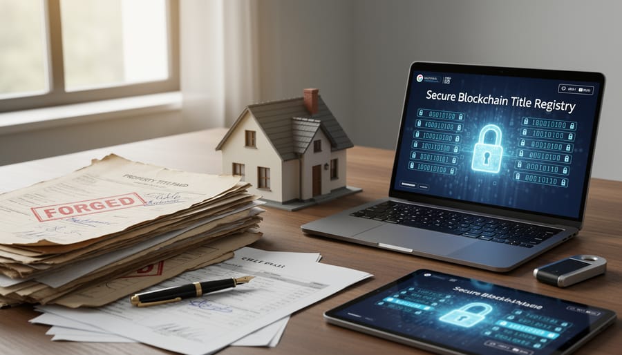 Property deed documents and key representing secure ownership records