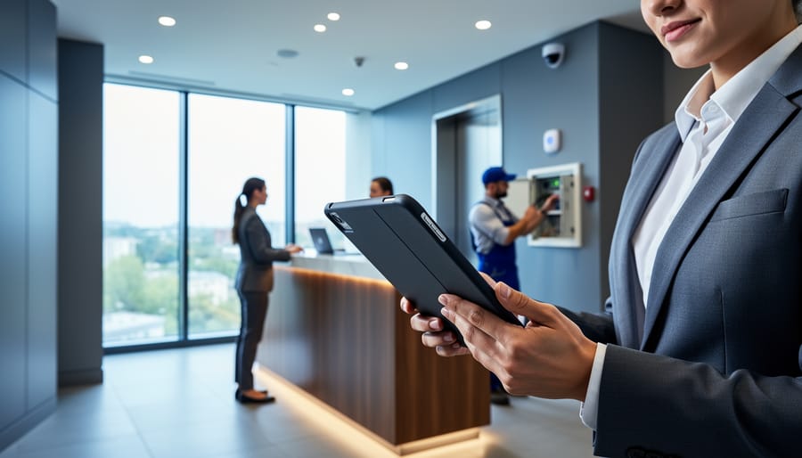 Property manager holding a tablet in a modern apartment lobby, with visible smart sensors and a security camera, while a tenant stands at reception and a maintenance technician checks a panel in the blurred background.