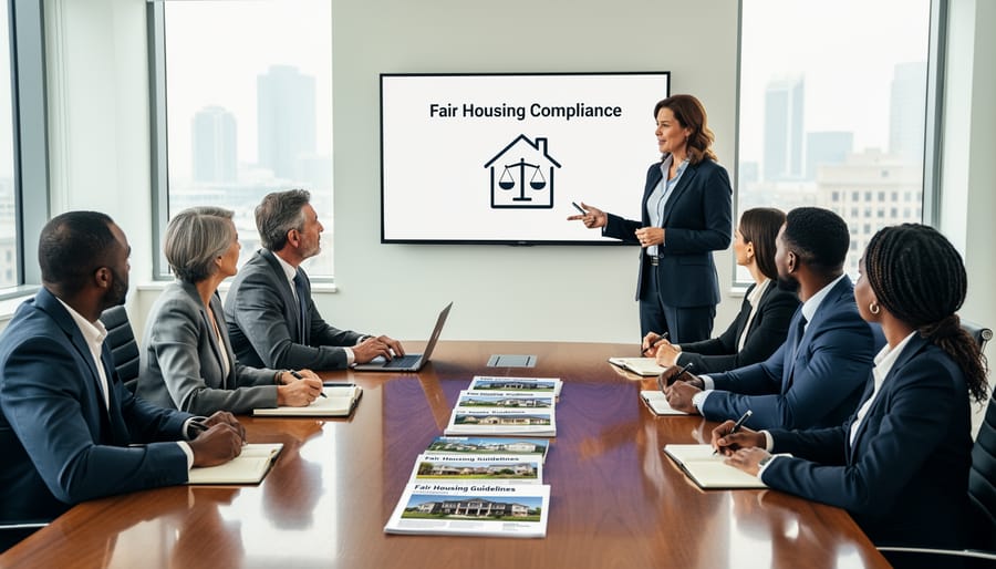 Real estate agent showing property information on tablet to couple during home showing