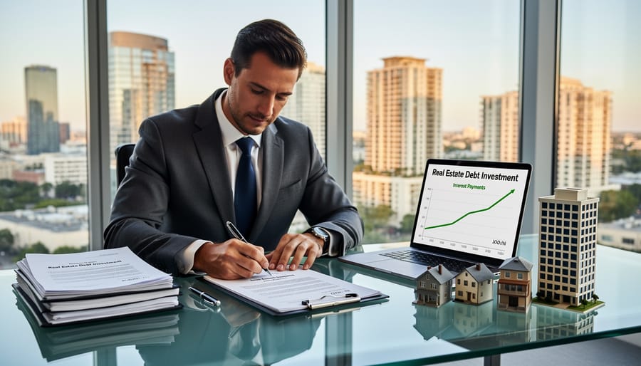 Business professional signing real estate loan documents with house keys on desk