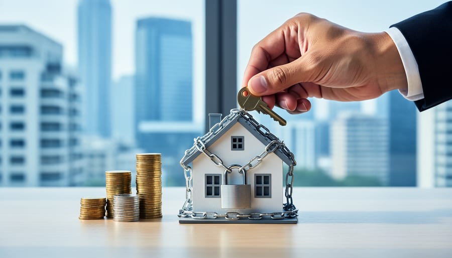 Hand placing a key on a small house model wrapped in a chrome chain and padlock, with stacked coins on a wooden desk and a blurred modern apartment skyline in the background.