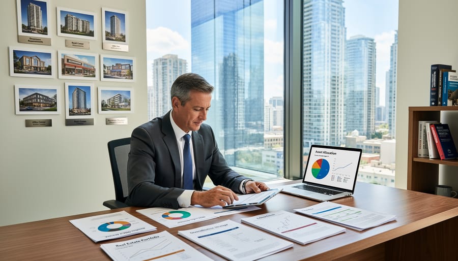 Aerial view of diverse real estate properties in urban neighborhood