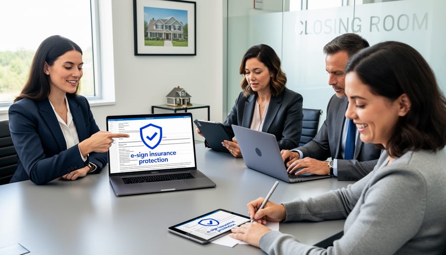 Real estate professionals and clients collaborating during digital property transaction