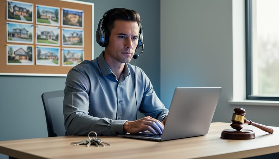 Remote property manager wearing a headset at a modern home office desk with keys and a wooden gavel in the foreground, and a blurred corkboard of property photos in the background under soft side daylight.