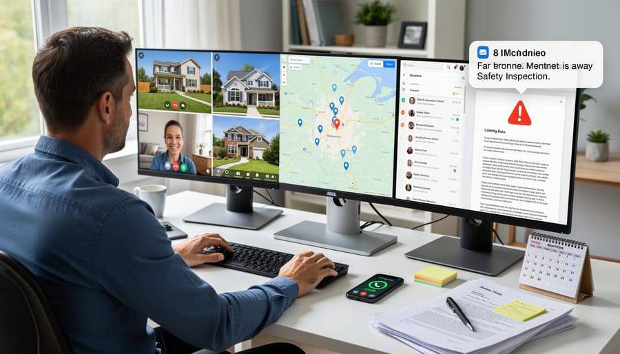 Property manager working remotely on laptop with multiple urgent notifications on phone