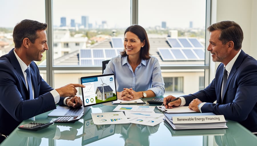 Business professionals shaking hands over financing documents during consultation meeting