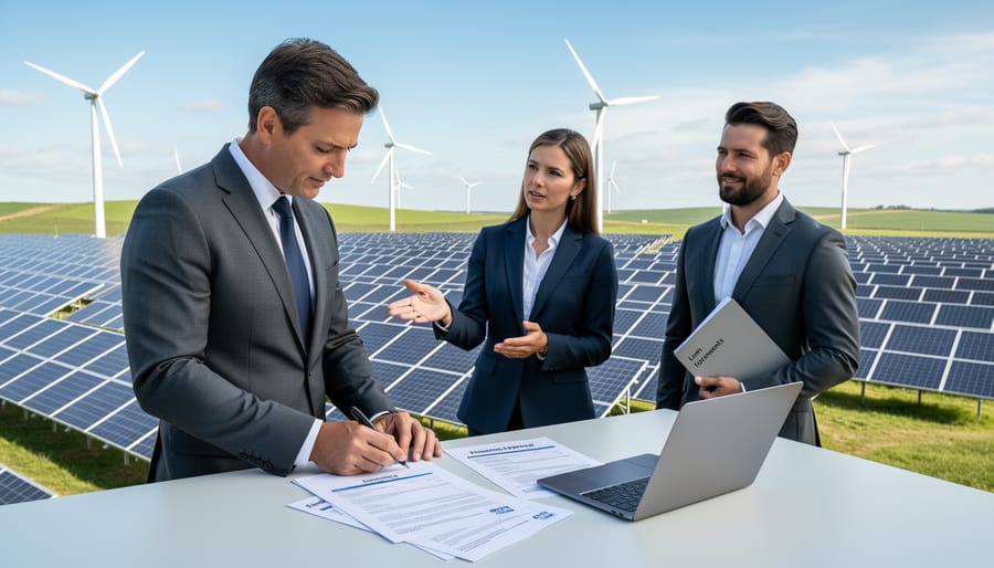 Insurance documents with house keys and miniature solar panel model on desk