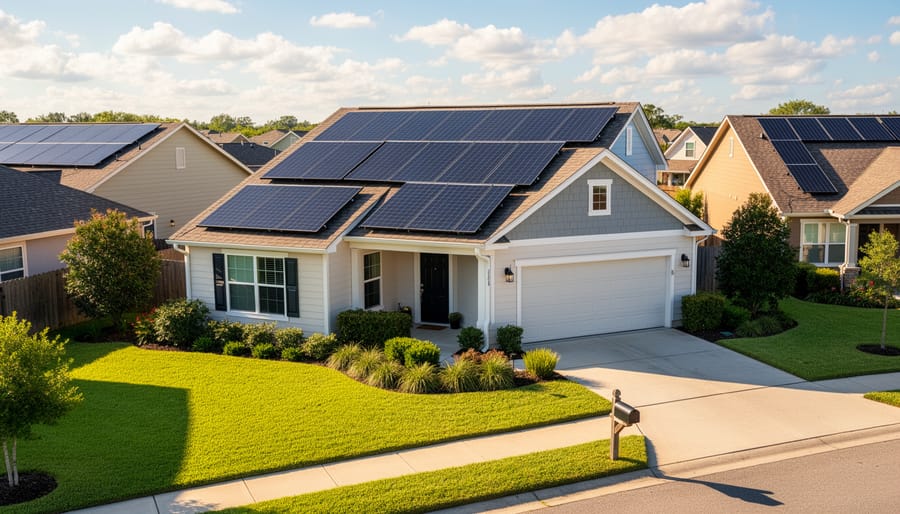 Modern home with solar panels installed on roof under blue sky