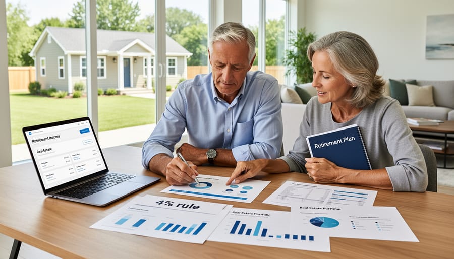 Retired couple reviewing financial documents at home with house visible through window
