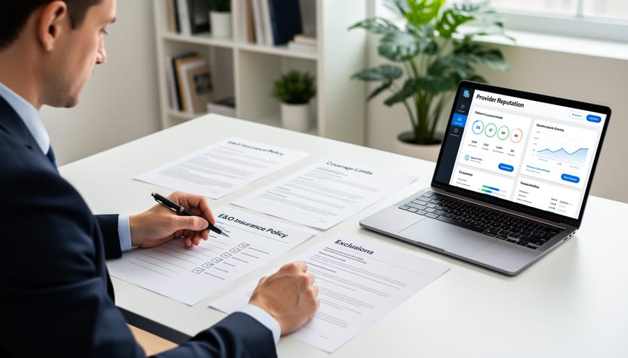 Business professional reviewing insurance policy documents at desk