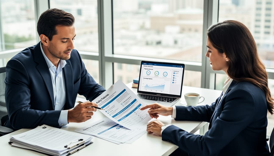 Hands reviewing insurance policy documents with calculator on desk