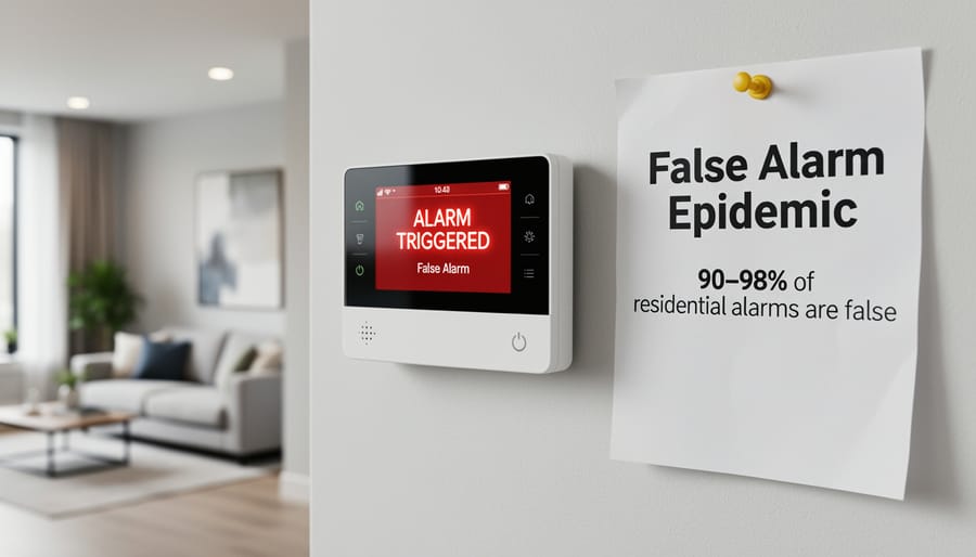 Home security alarm control panel with red warning light flashing on wall