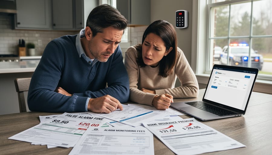 Homeowner reviewing bills and insurance documents related to home security costs