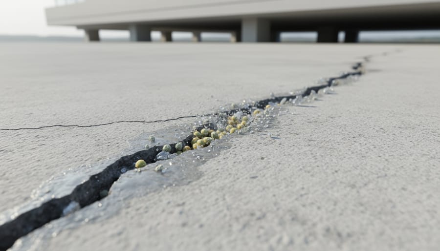 Macro view of self-healing concrete surface with bacterial agents filling hairline crack