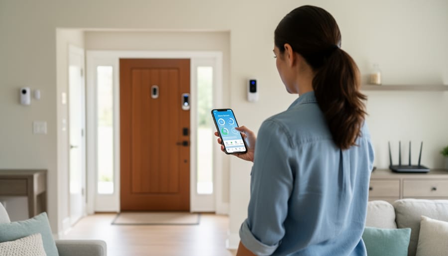 Person installing or adjusting smart home security sensor on door frame with smartphone